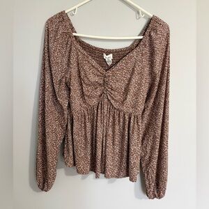 Japna Long Sleeve Smocked Babydoll Top Brown Cream Cropped Med. Boho Cottagecore